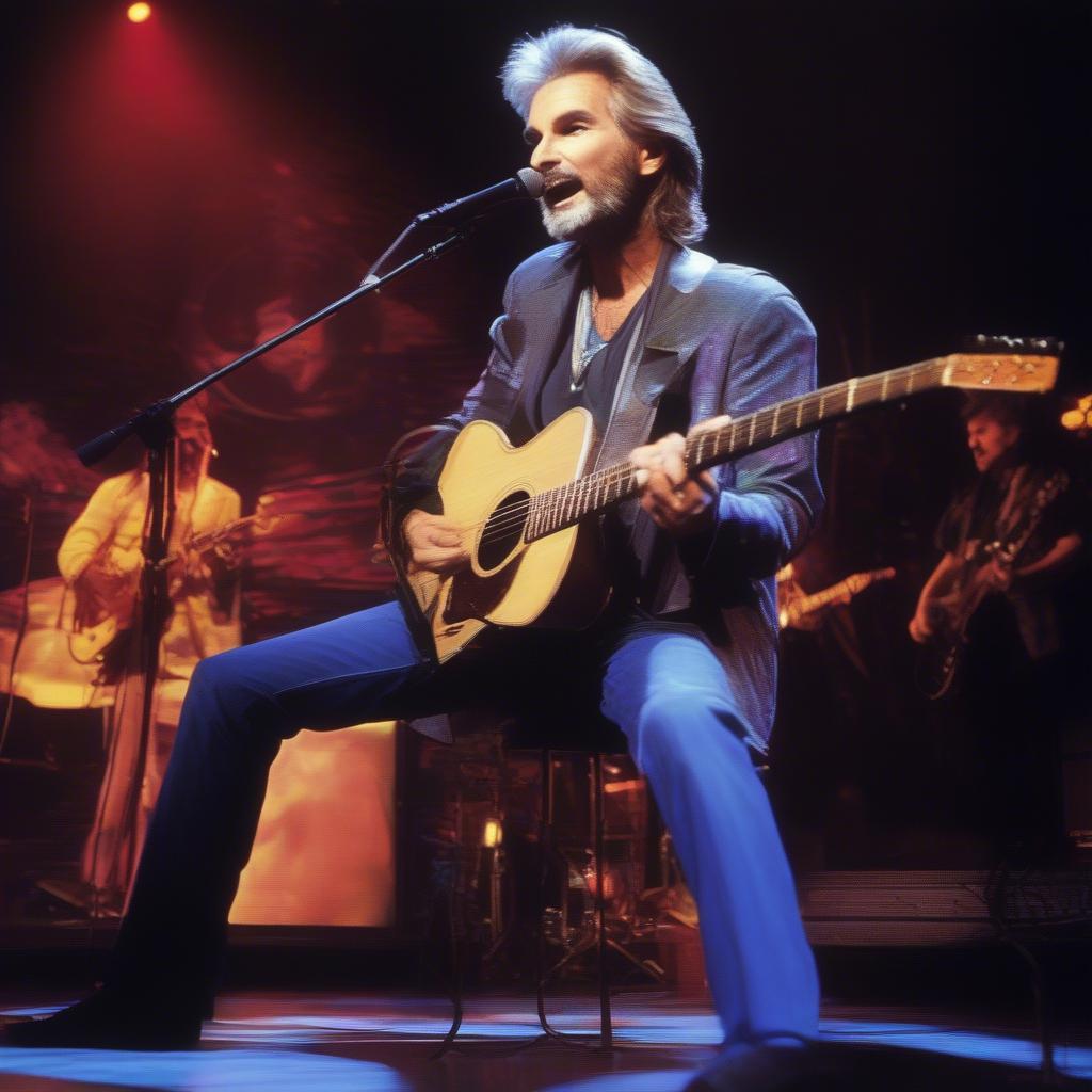 Kenny Loggins performing "Playing with the Boys": A vibrant image of Kenny Loggins on stage, energetically performing his hit song "Playing with the Boys", capturing the energy and spirit of the 80s.