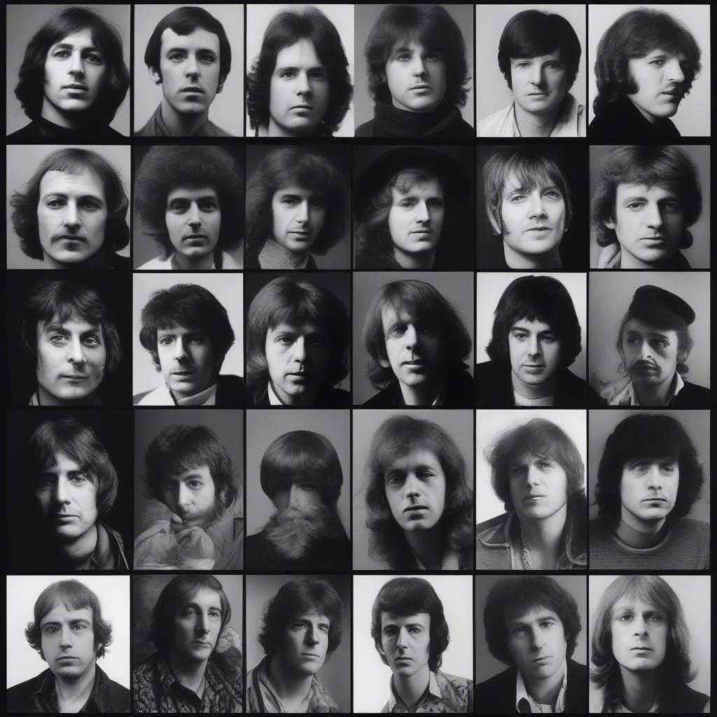 Key Artists of 1970 UK - Black and white portraits of prominent musicians who shaped the UK music scene in 1970, capturing their individual styles and influence.