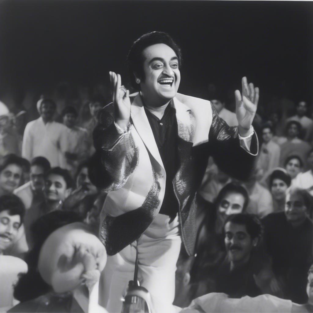 Kishore Kumar performing energetically on stage, surrounded by musicians, his infectious enthusiasm captivating the audience.