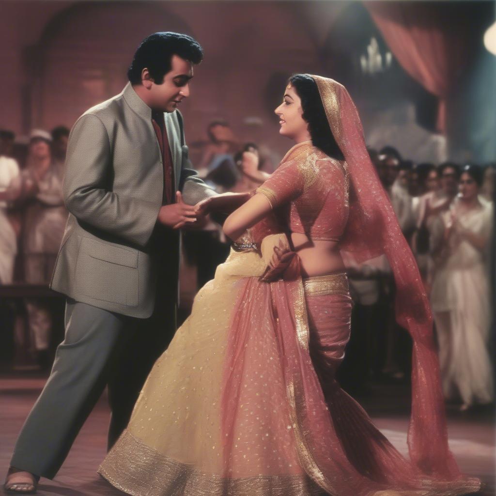 Kishore Kumar singing a romantic duet with a leading Bollywood actress, conveying the intimacy and emotion of the song through their expressions and gestures.