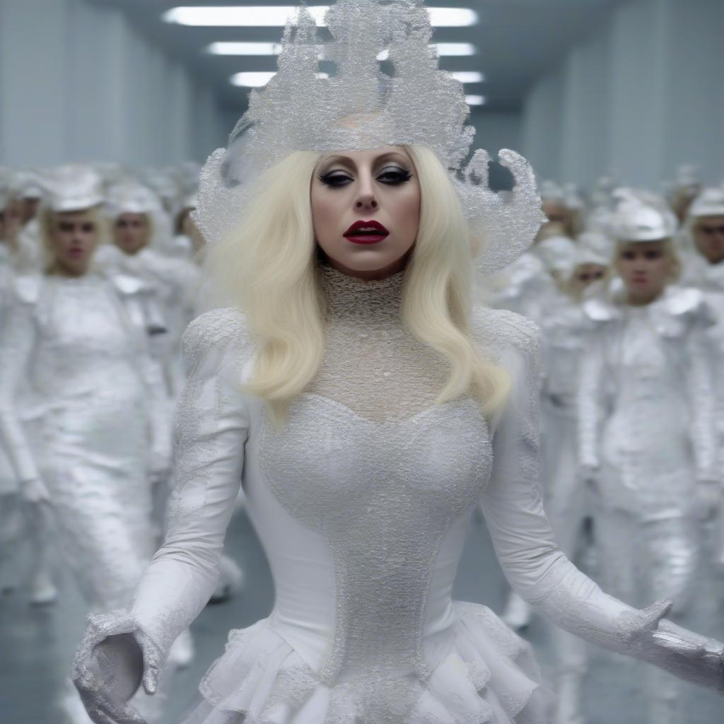 Lady Gaga in the Bad Romance music video, displaying her avant-garde fashion and dramatic storytelling.