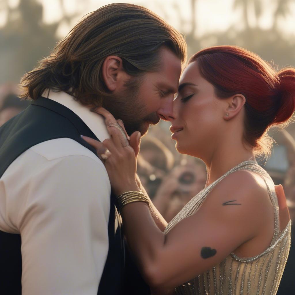 Lady Gaga performing "Shallow" with Bradley Cooper in A Star Is Born, showcasing a more vulnerable and emotional side to her music.