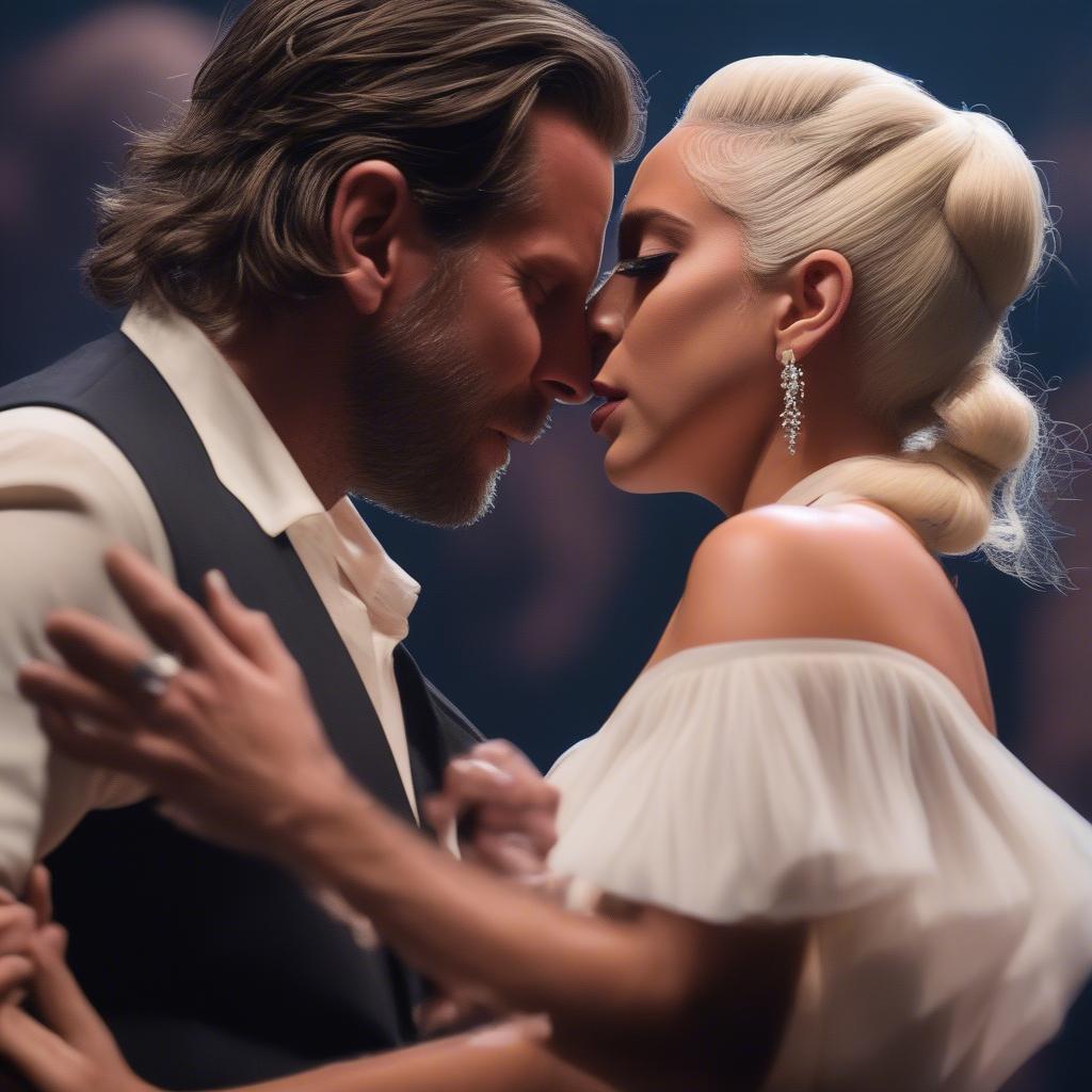 Lady Gaga performing "Shallow" with Bradley Cooper, showcasing the raw emotion and vocal power of the song.