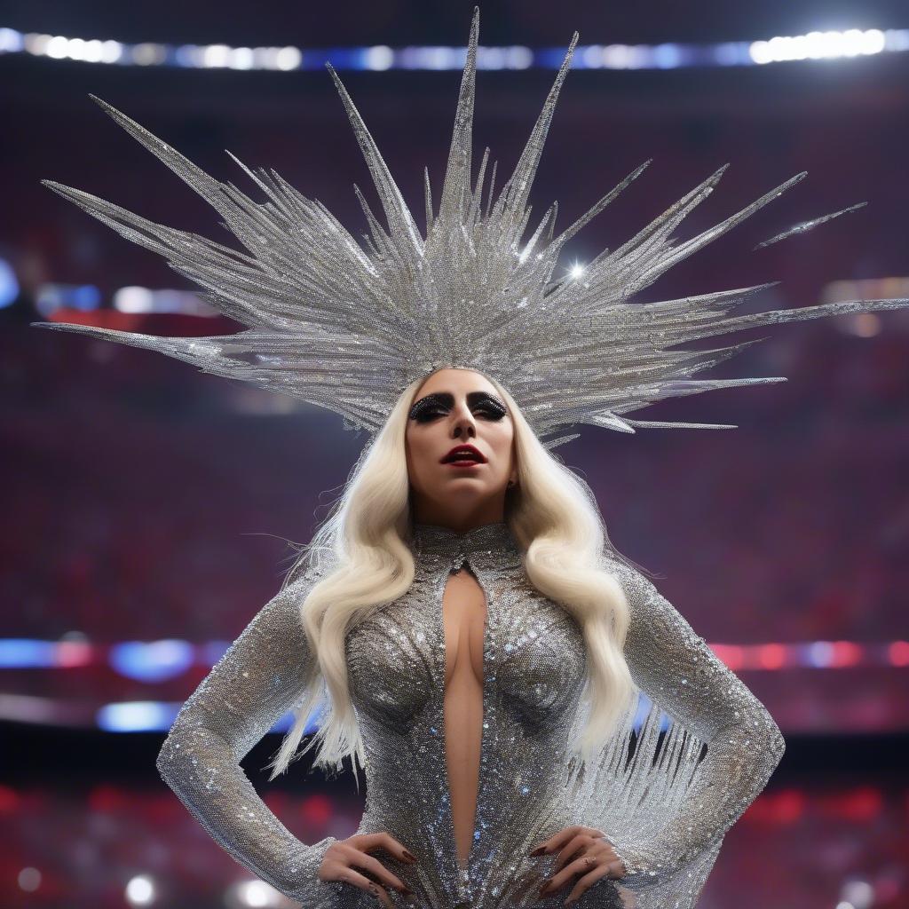 Lady Gaga's iconic Super Bowl halftime performance, showcasing her theatrical stage presence and captivating choreography.