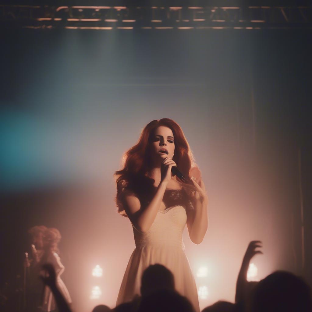 Lana Del Rey performing "Summertime Sadness" live on stage, with dramatic lighting and a captivating backdrop.