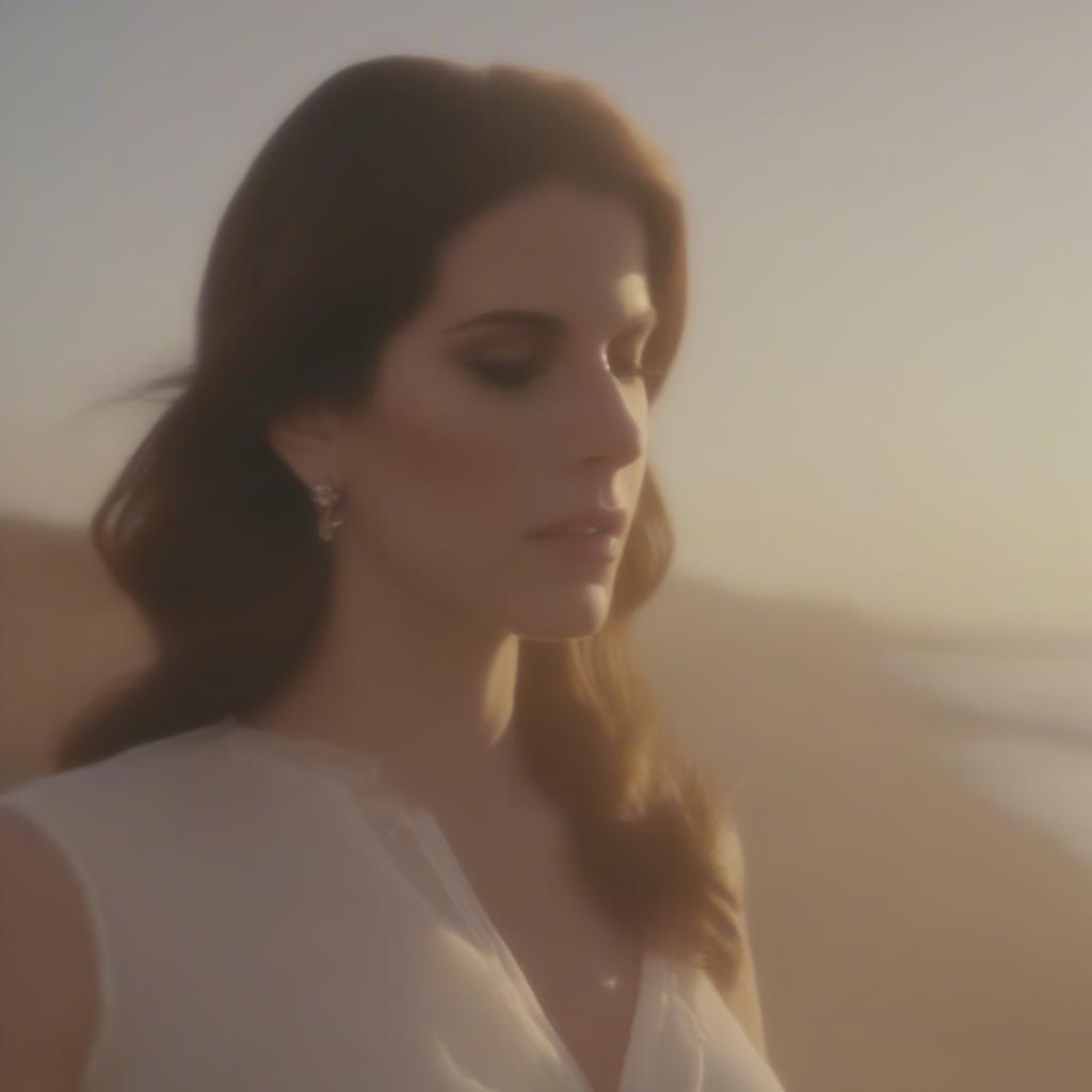 A still from the "West Coast" music video, showing Lana Del Rey in a close-up shot with a dreamlike, hazy aesthetic.