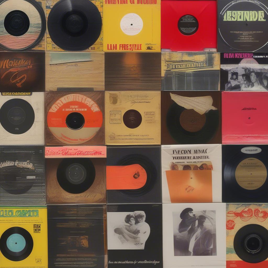 A collection of vinyl records of top latin freestyle songs