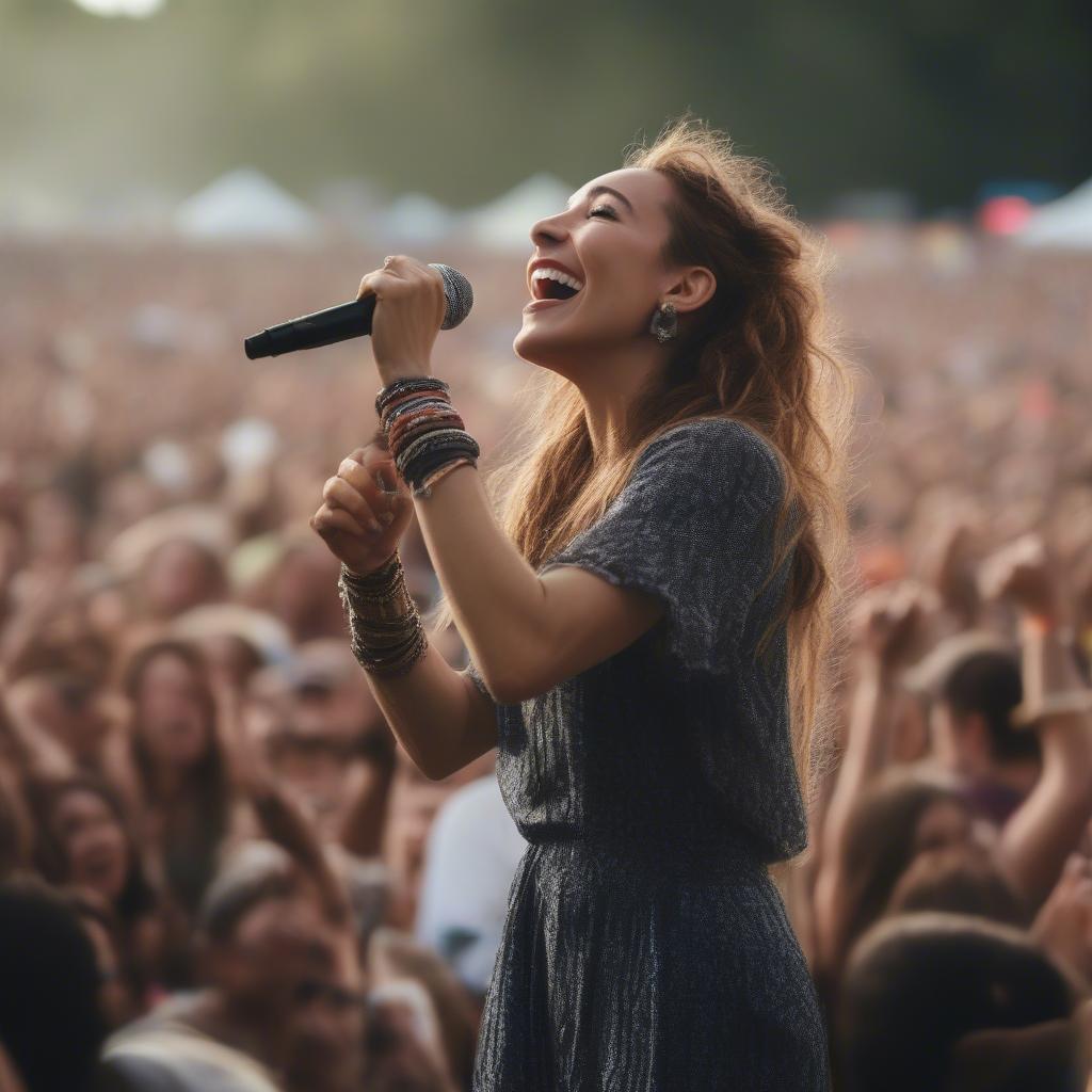 Lauren Daigle performing on stage at a Christian music festival. The stage is brightly lit, and the crowd is visible in the background, singing along to her music.