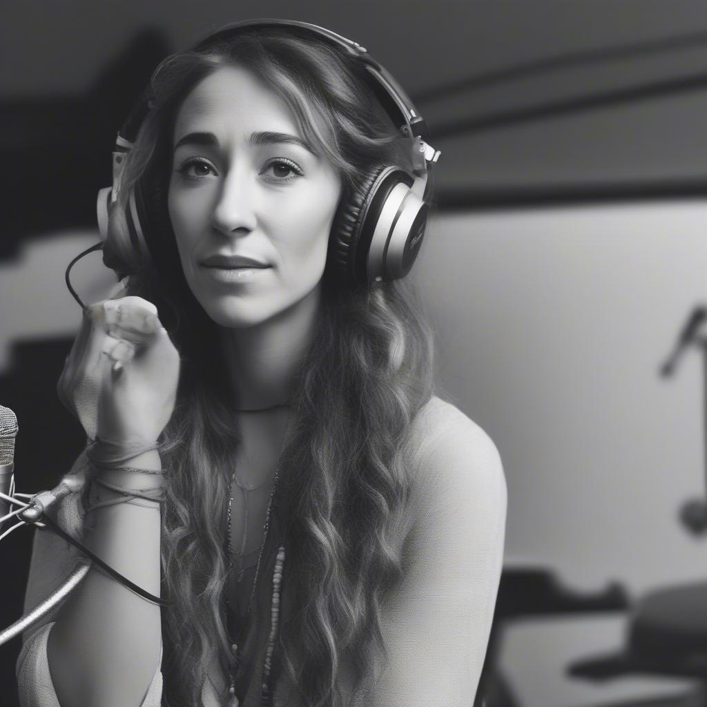 Lauren Daigle in the recording studio, working on her hit song "You Say". She's wearing headphones and singing into a microphone, surrounded by sound equipment.