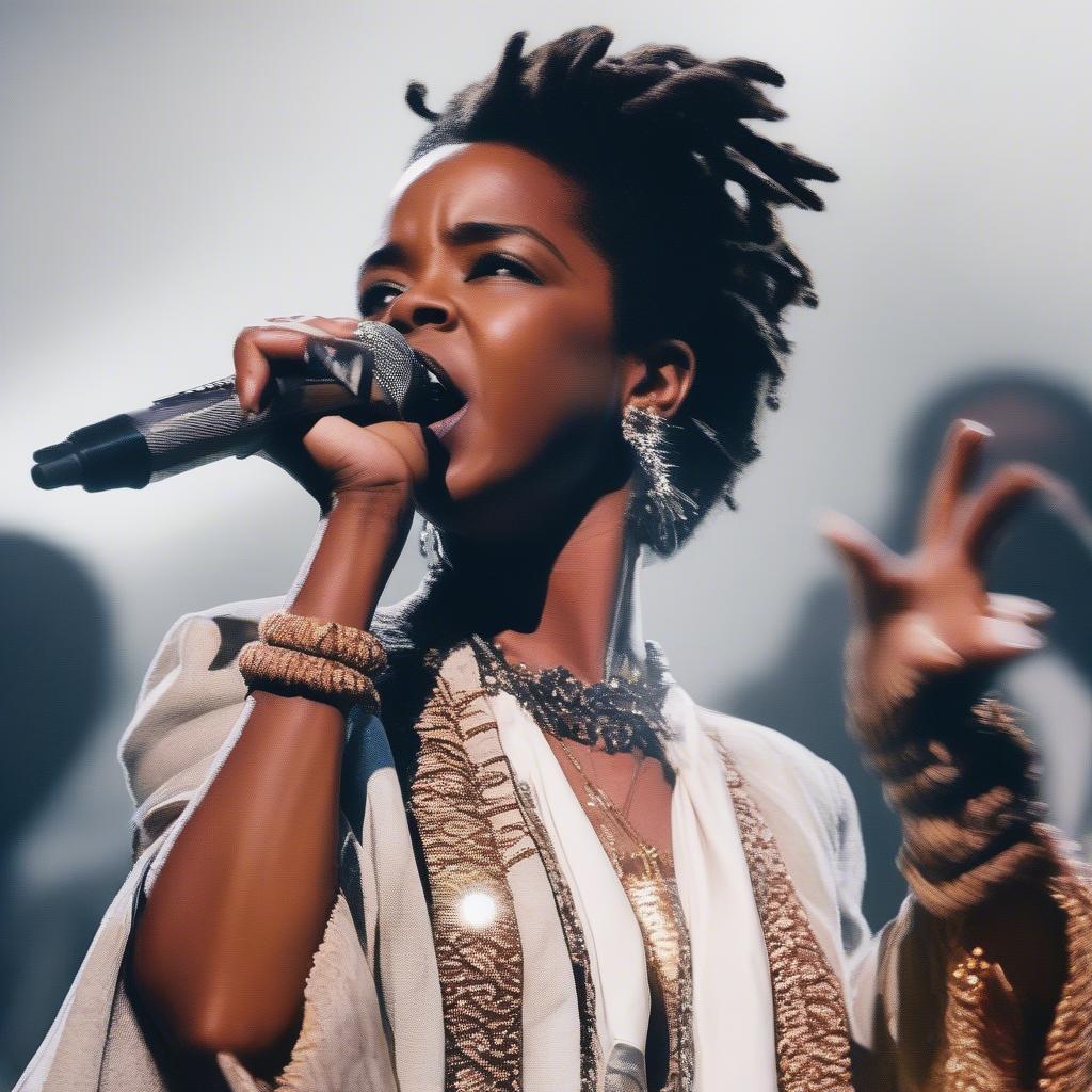 Lauryn Hill performing live on stage.