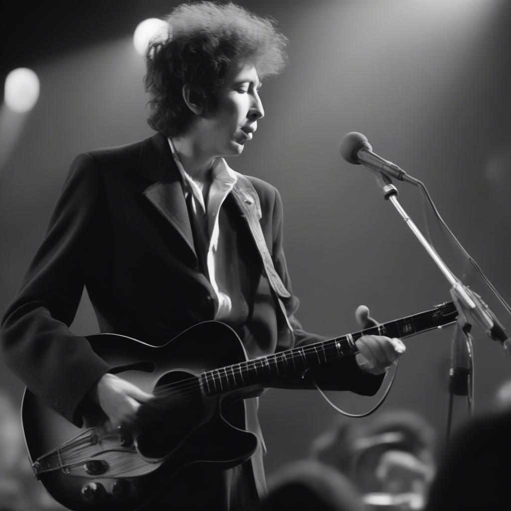 Bob Dylan performing live, emphasizing his songwriting talent and impact on music.