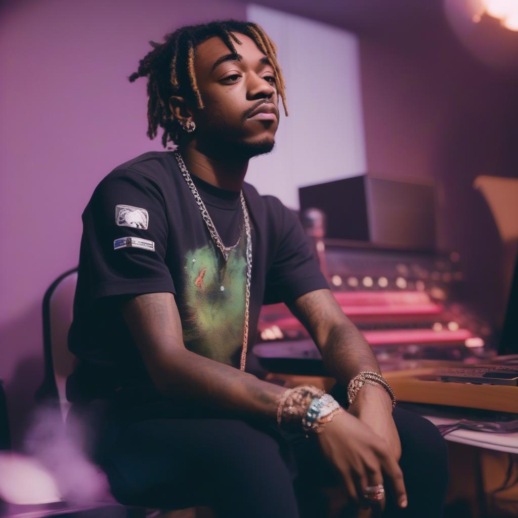 Lil Uzi Vert in a recording studio working on music, surrounded by equipment and instruments.