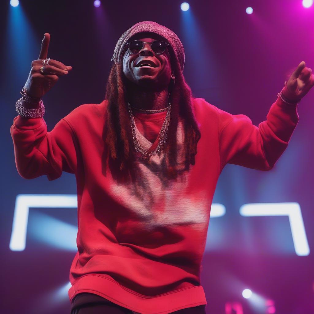 Lil Wayne performing live on stage in front of a large crowd.