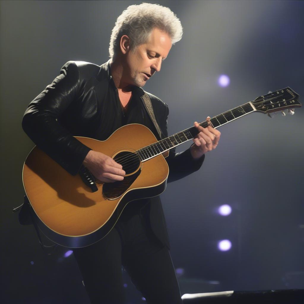 Lindsey Buckingham playing his guitar during a performance of "Go Your Own Way".