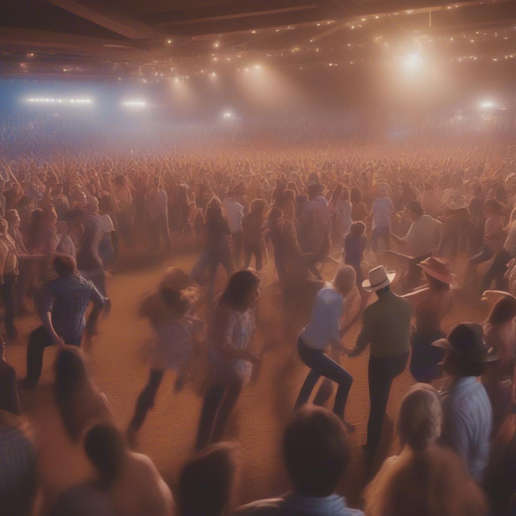 A large crowd line dancing at an outdoor country music concert.