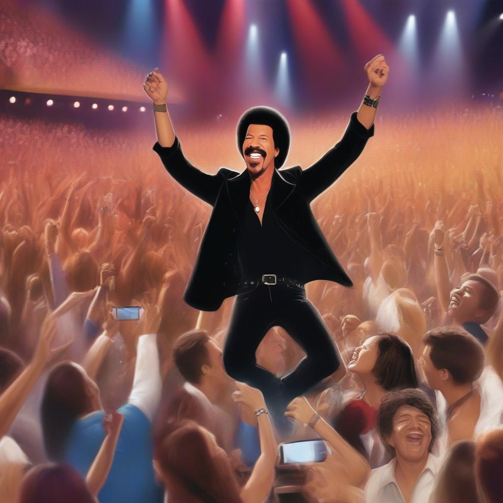 Lionel Richie performing "All Night Long" with a crowd of enthusiastic fans.