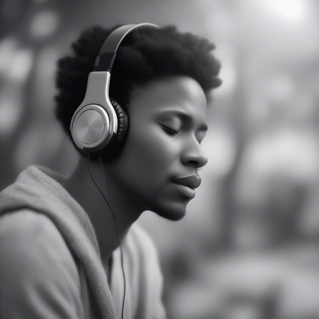 A person listening to gospel music on headphones, with a peaceful expression.