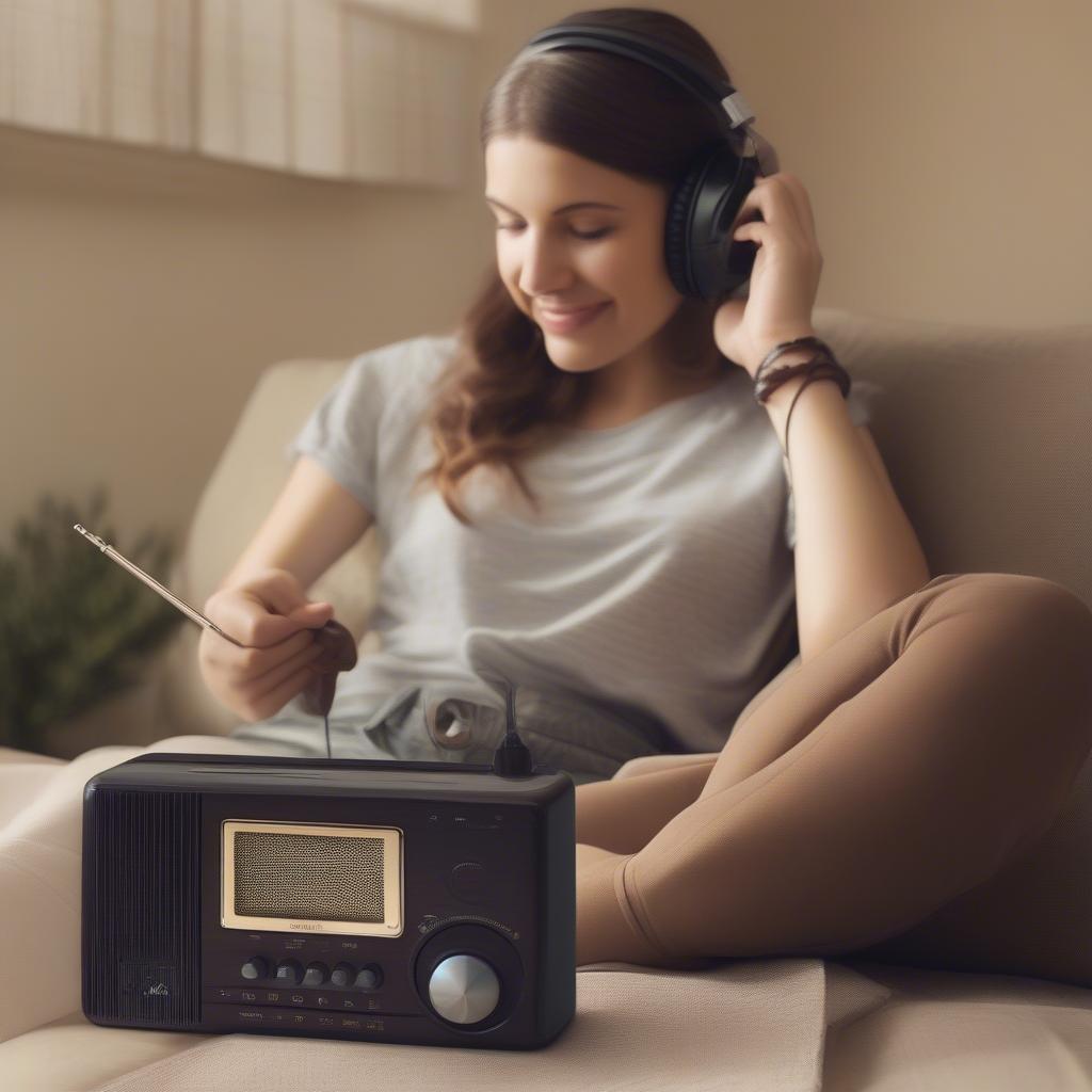 Enjoying Music on the Radio - Image shows people listening to the radio in different settings - in a car, at home, and on a portable device.