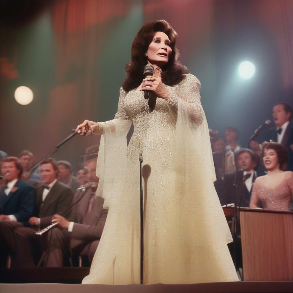 Loretta Lynn performing on stage in a glittering gown.