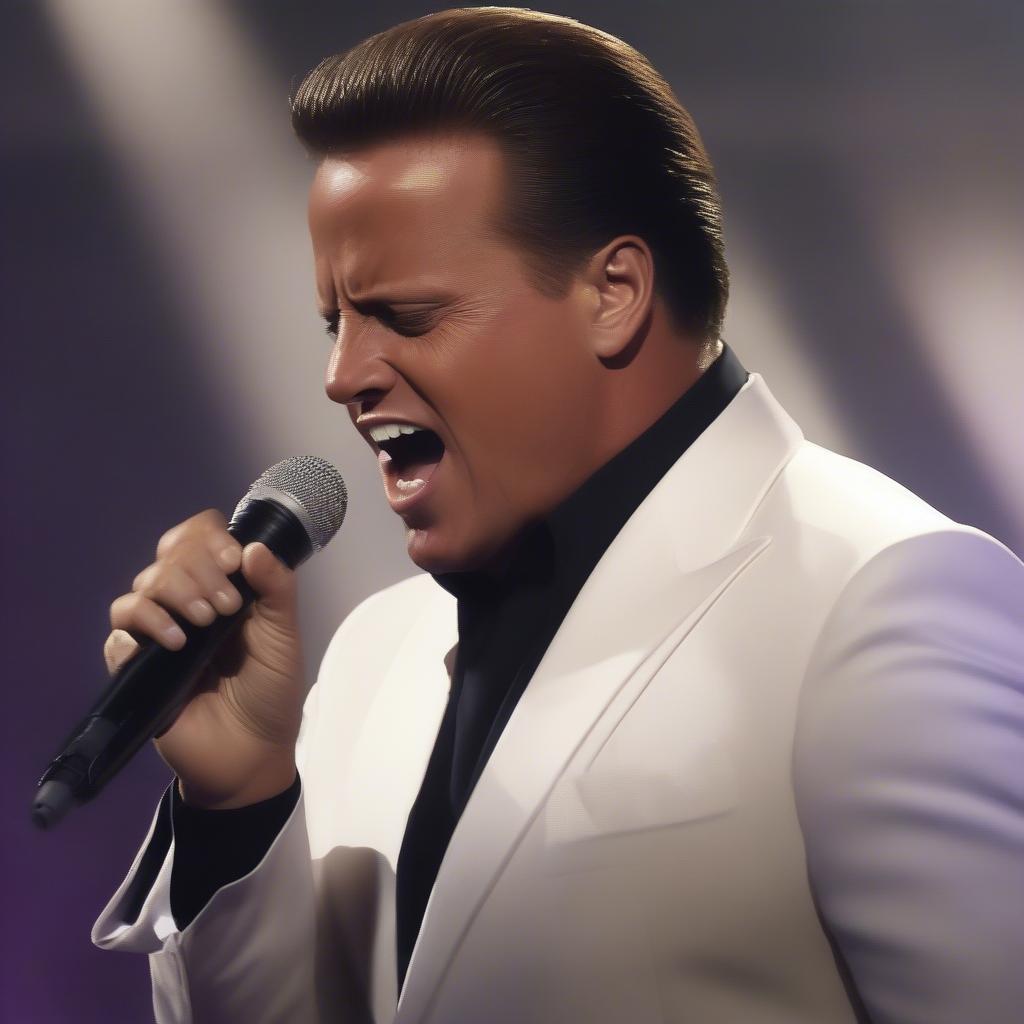 Close-up of Luis Miguel singing "No Sé Tú" with a passionate expression, showcasing his vocal prowess.