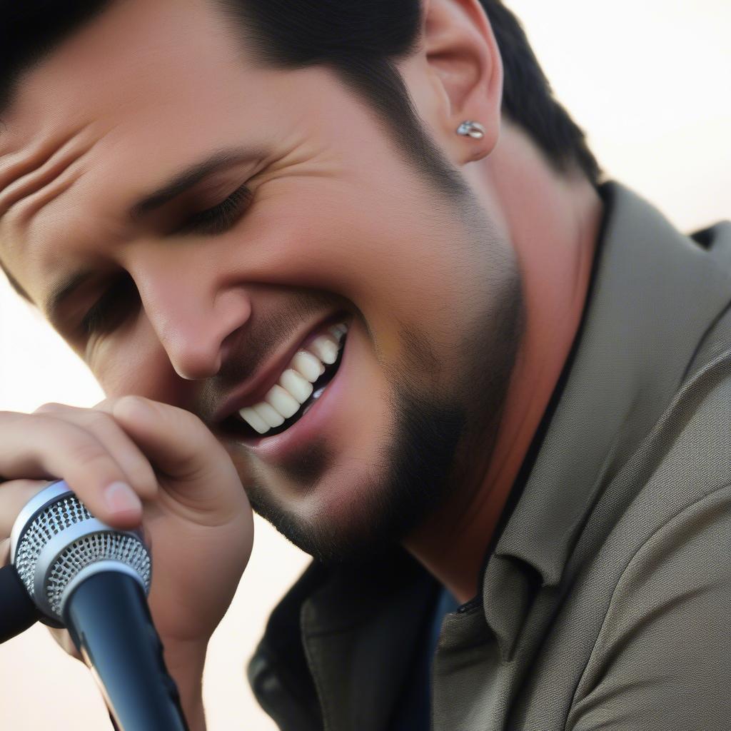 Close-up shot of Luke Bryan singing passionately into a microphone