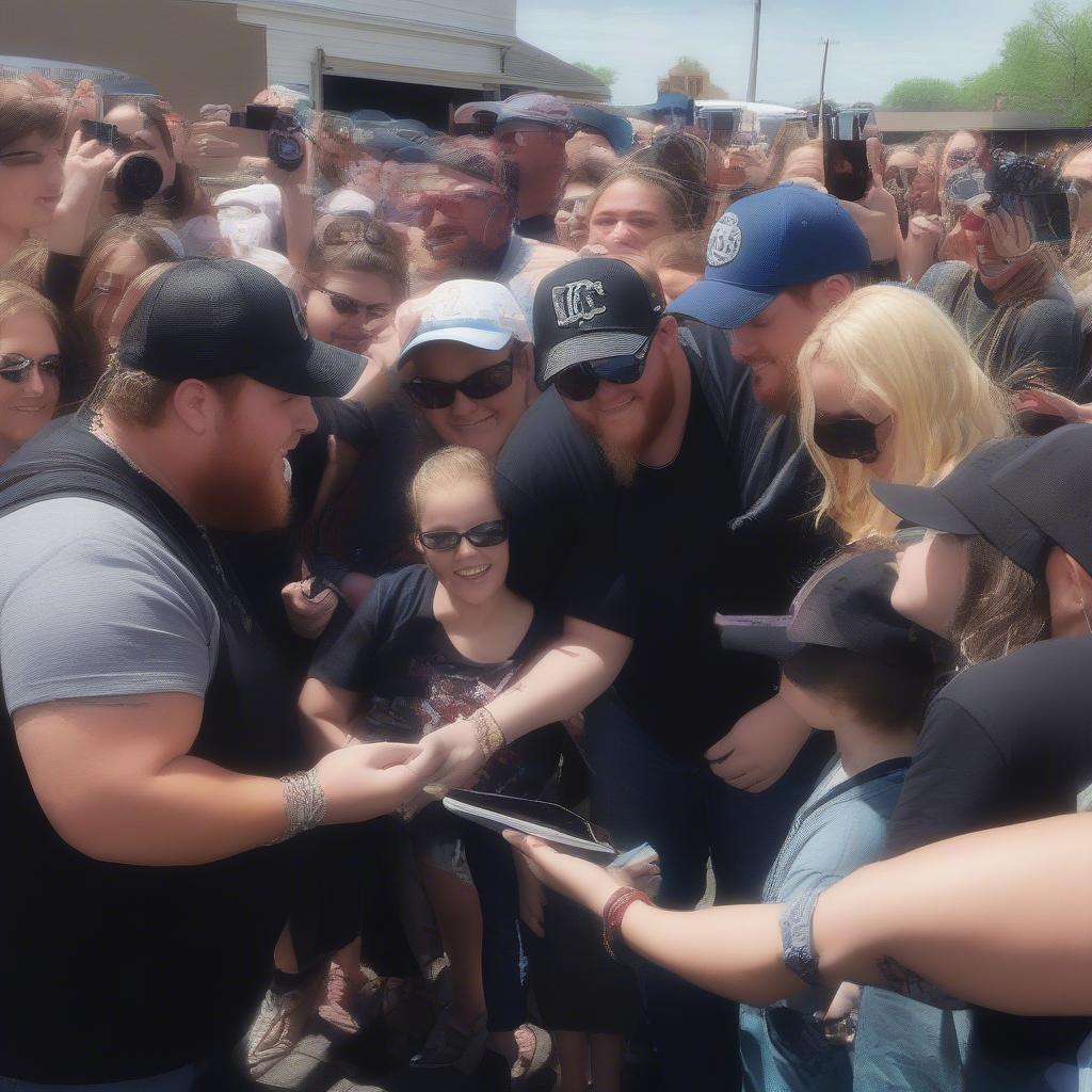 Luke Combs interacting with fans, signing autographs and taking pictures.