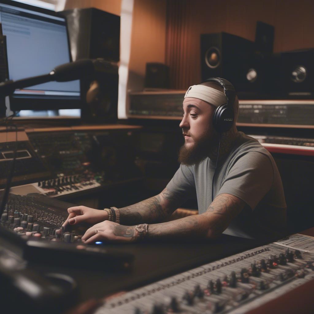 Mac Miller in a studio session, working on music production.