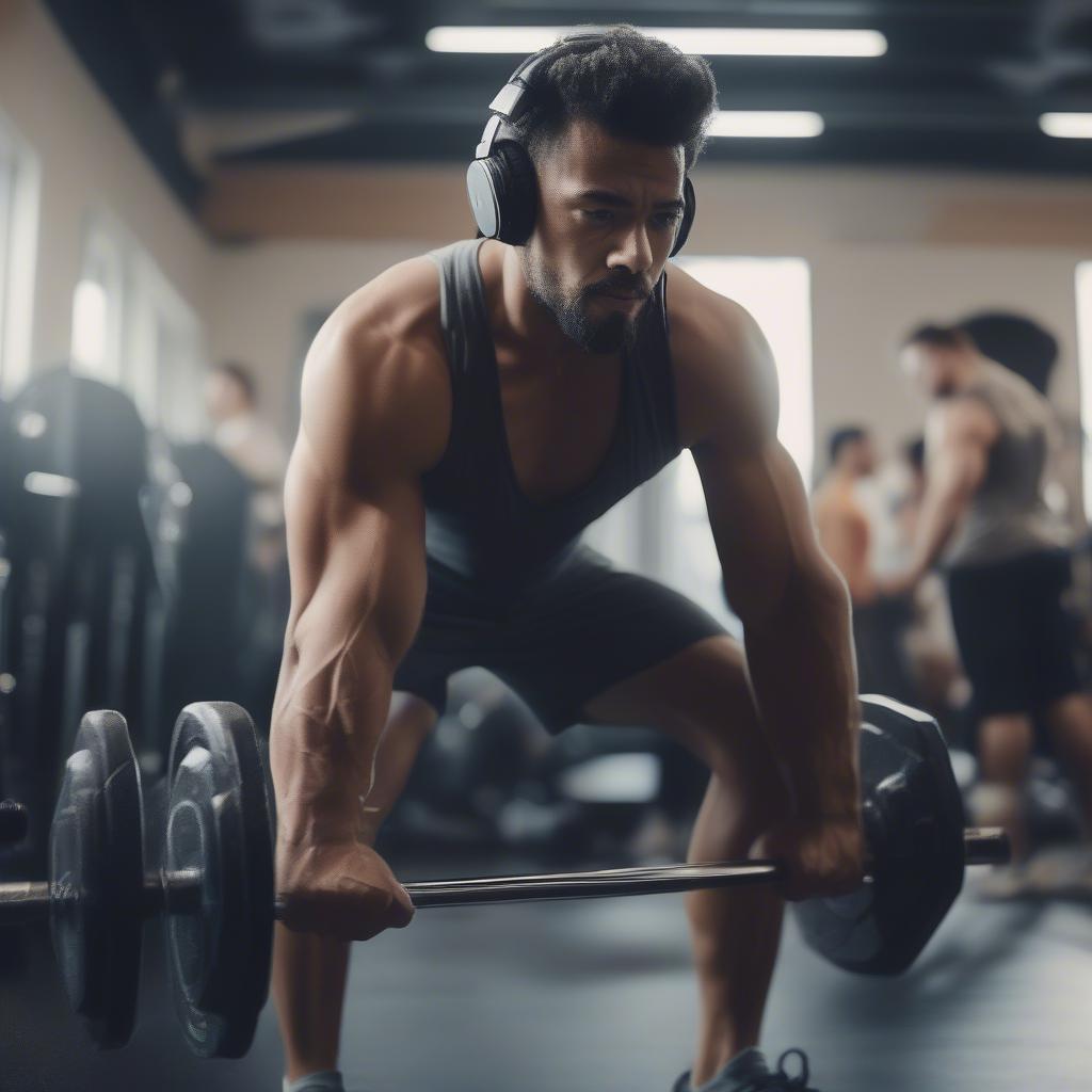 Man lifting weights in the gym with motivational music, highlighting the role of music in strength training