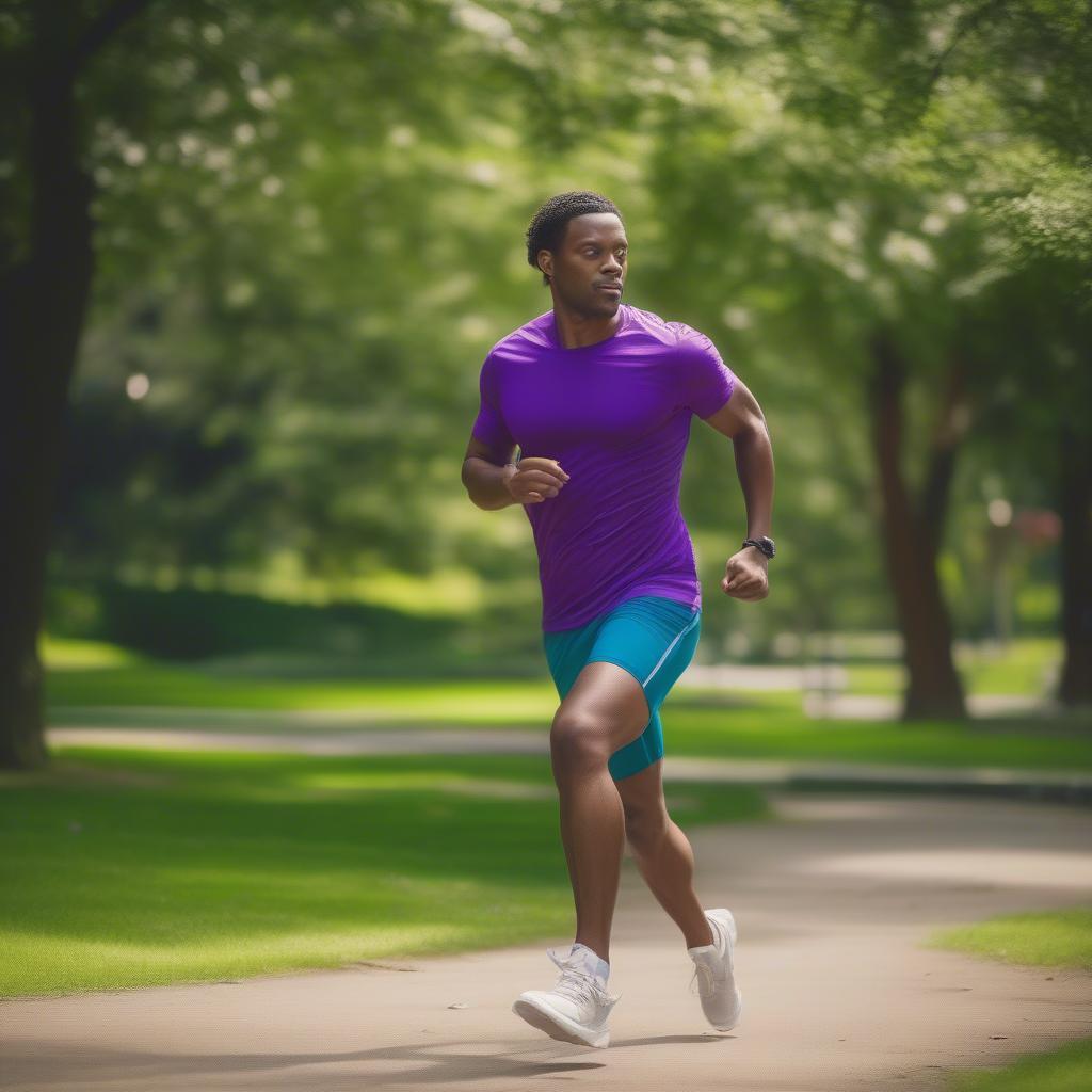 Man running in park with headphones