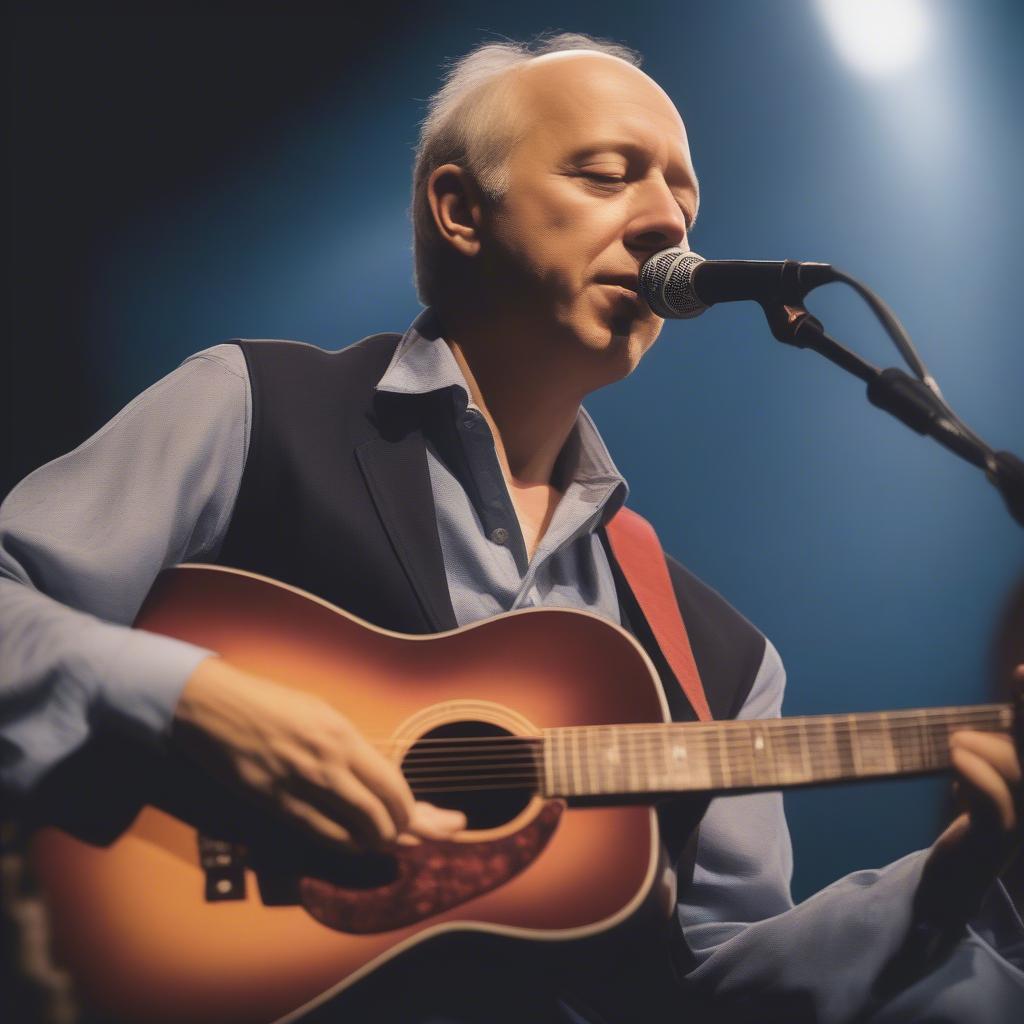 Mark Knopfler performing solo with an acoustic guitar