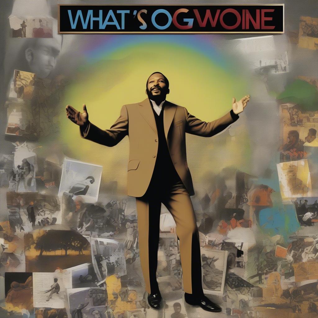 The iconic album cover of "What's Going On," featuring Marvin Gaye in a contemplative pose against a backdrop of urban decay.