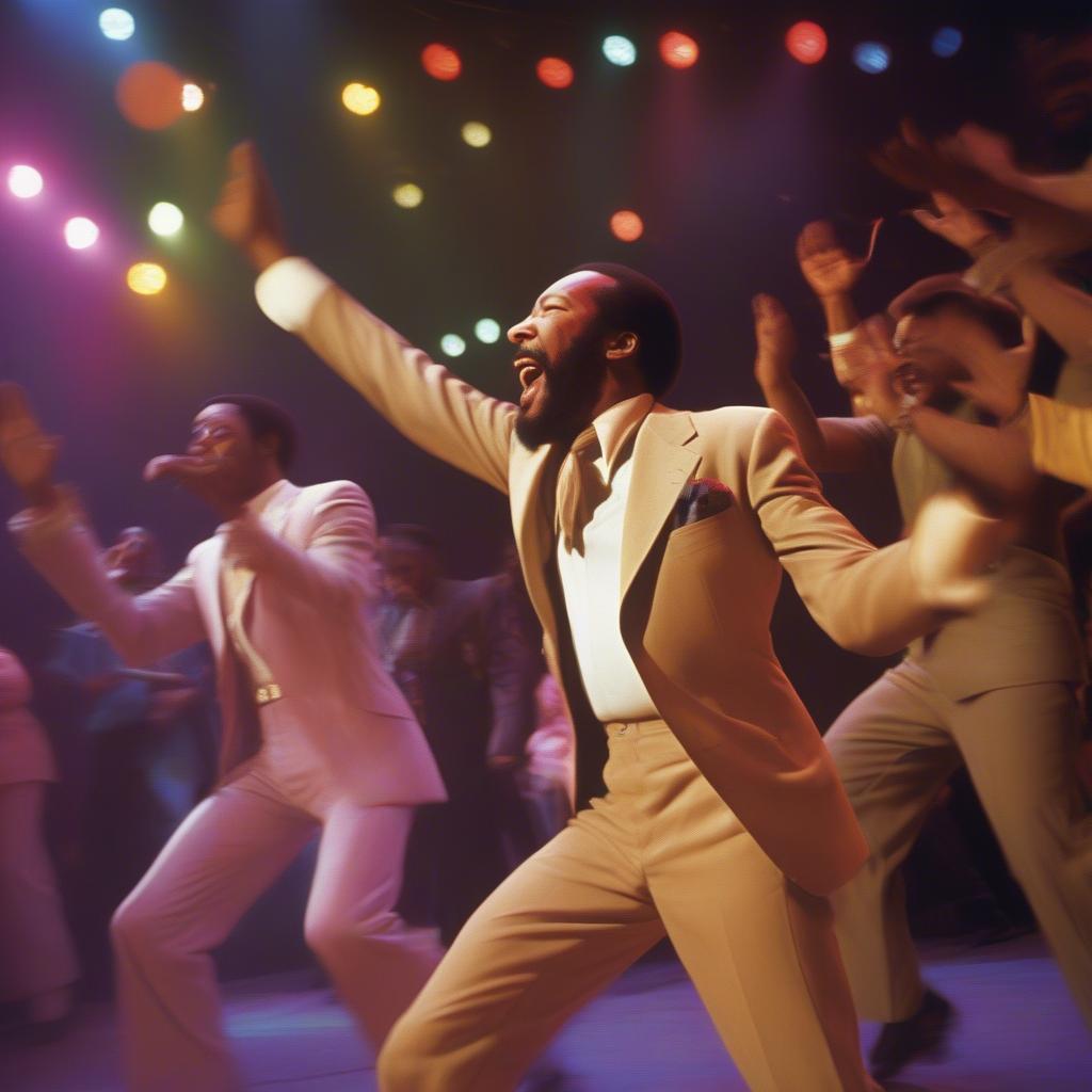 Marvin Gaye performing on stage during his Motown years, surrounded by energetic dancers and a vibrant backdrop.