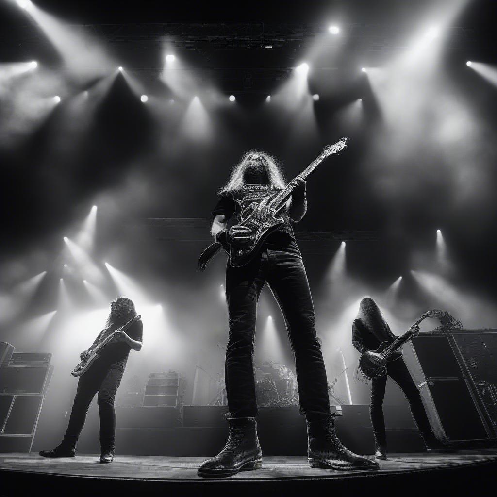 A metal band performing live on a large stage, bathed in dramatic lighting, creating an atmosphere of power and intensity.