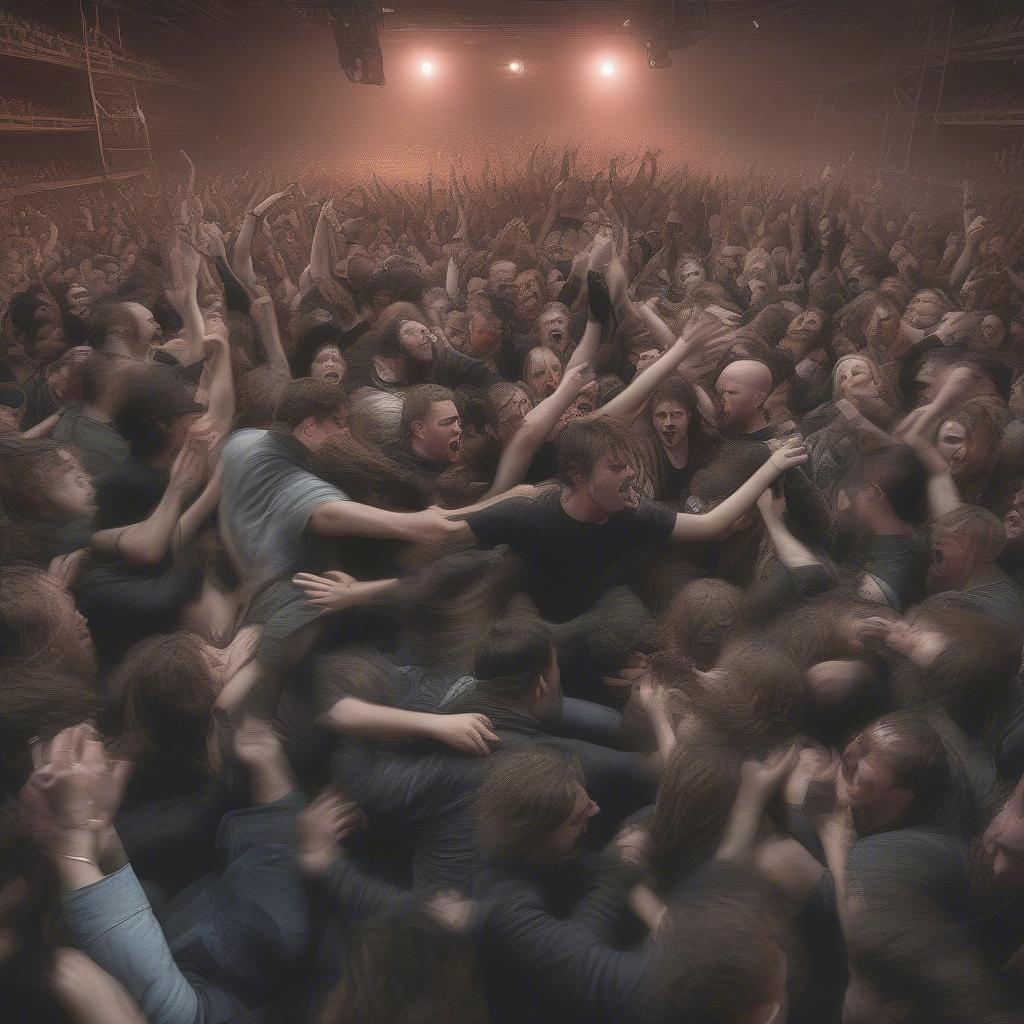 A sea of metalheads moshing in a packed concert venue, expressing their energy and passion through physical release, a common sight at metal shows known for their intense atmosphere.