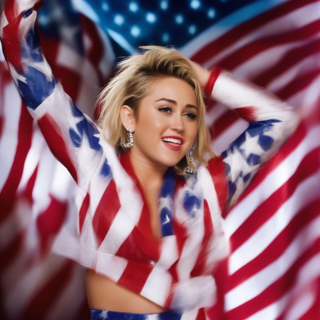 Miley Cyrus performing "Party in the U.S.A." on stage, dressed in her iconic American flag outfit.