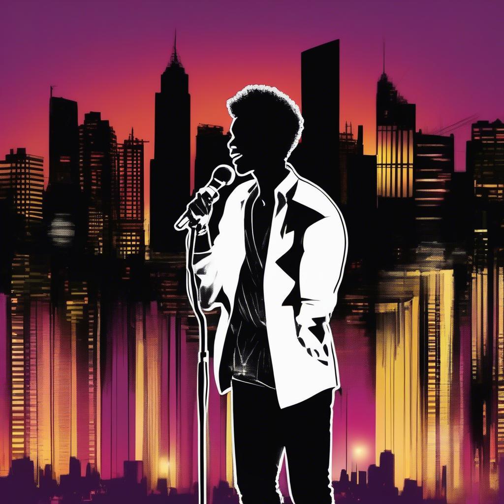 Modern Black Karaoke Anthems: Silhouette of a Singer against a Cityscape