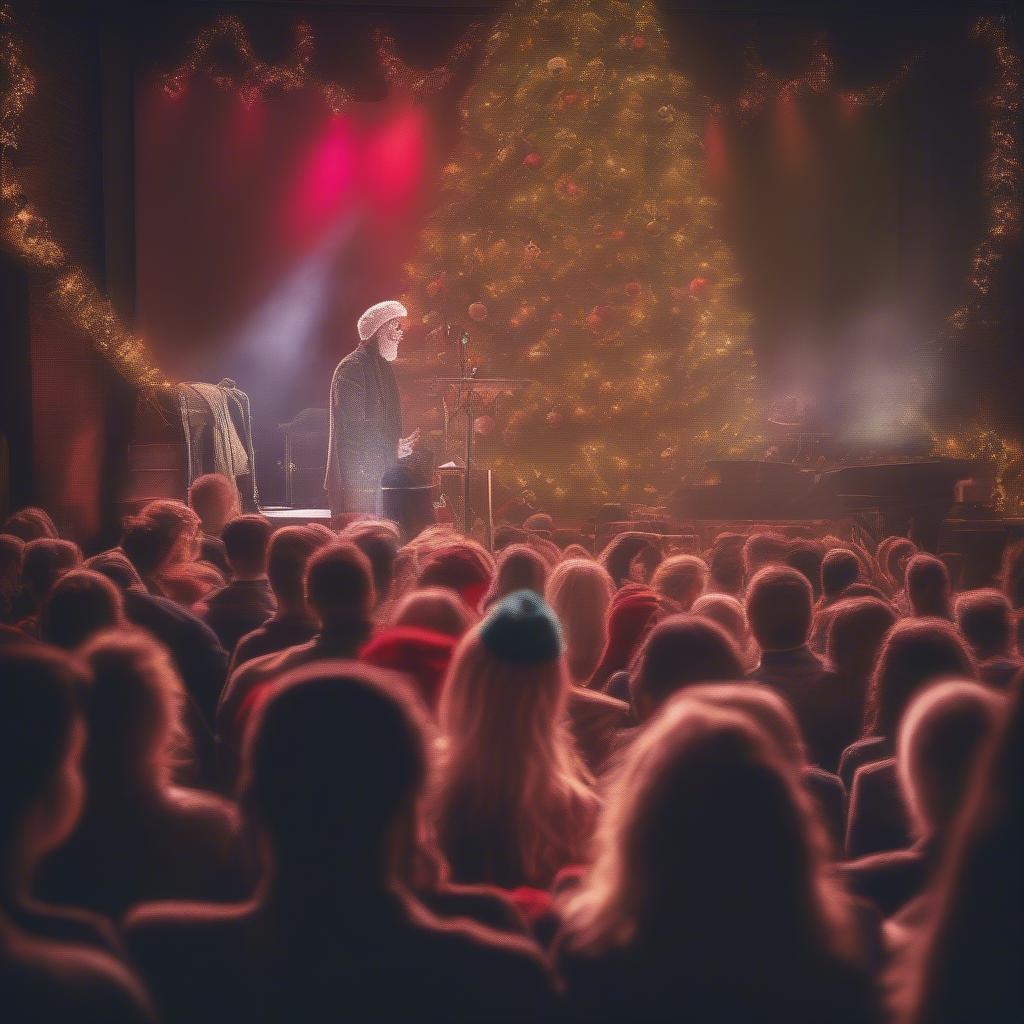 A colorful photo of a contemporary artist performing Christmas music on stage