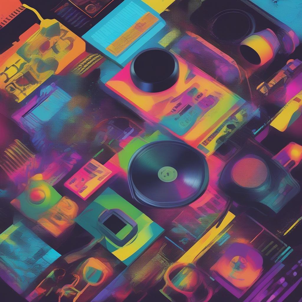 Modern Rap Evolution: A futuristic visual representation of modern rap music, showcasing elements like digital sound waves, vibrant colors, and abstract shapes.