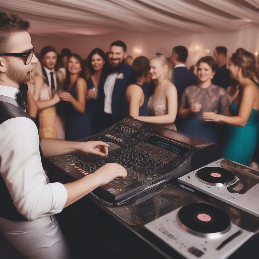 A DJ playing music at a wedding reception with guests dancing in the foreground