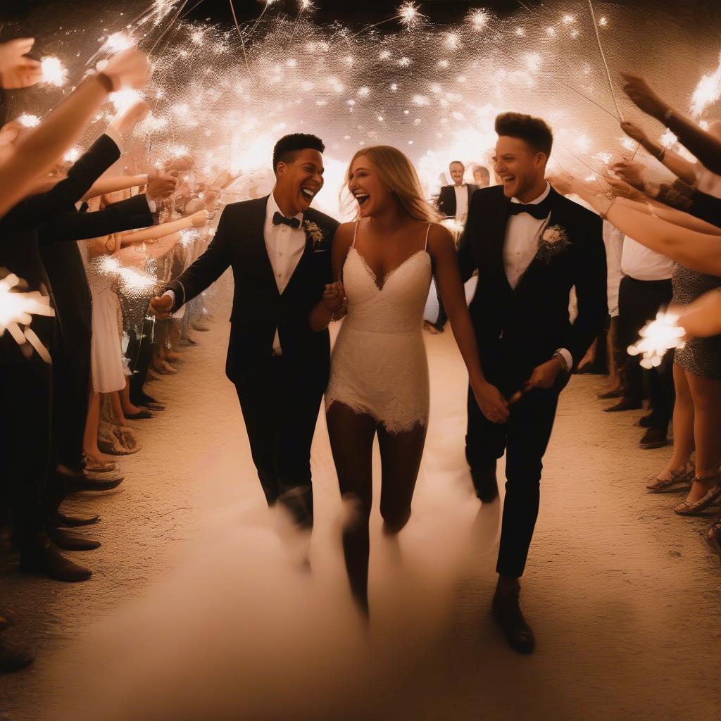 Modern Wedding Exit: Couple Running Through Sparkler Tunnel