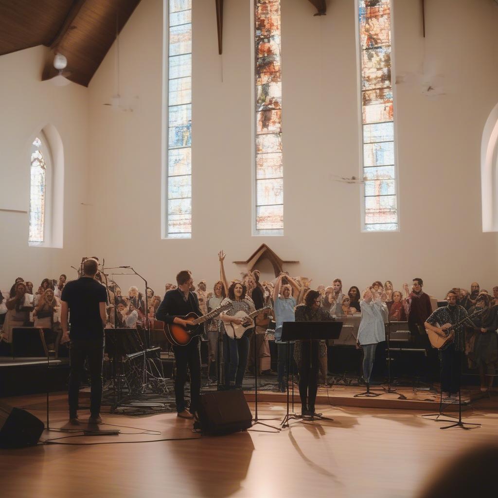 A modern worship band playing uplifting music in a church setting.