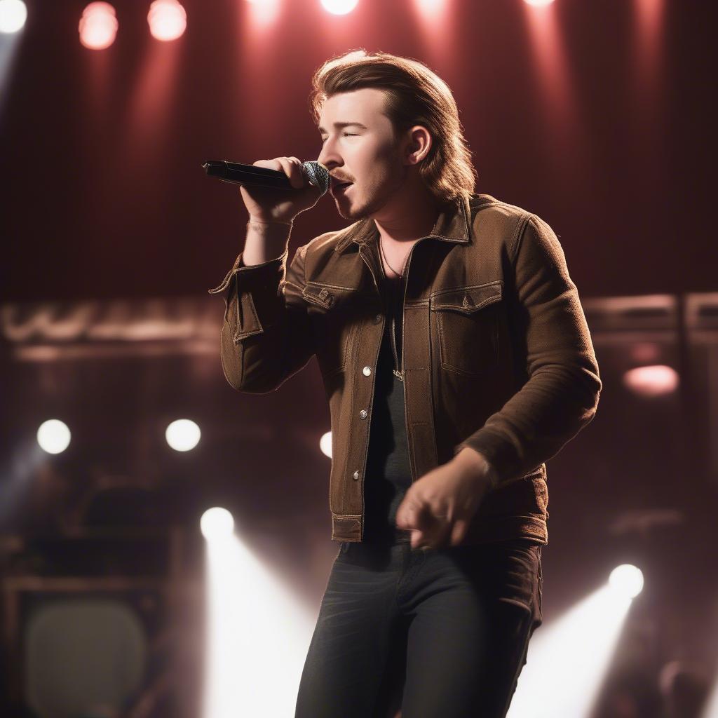 Morgan Wallen singing passionately into a microphone on stage