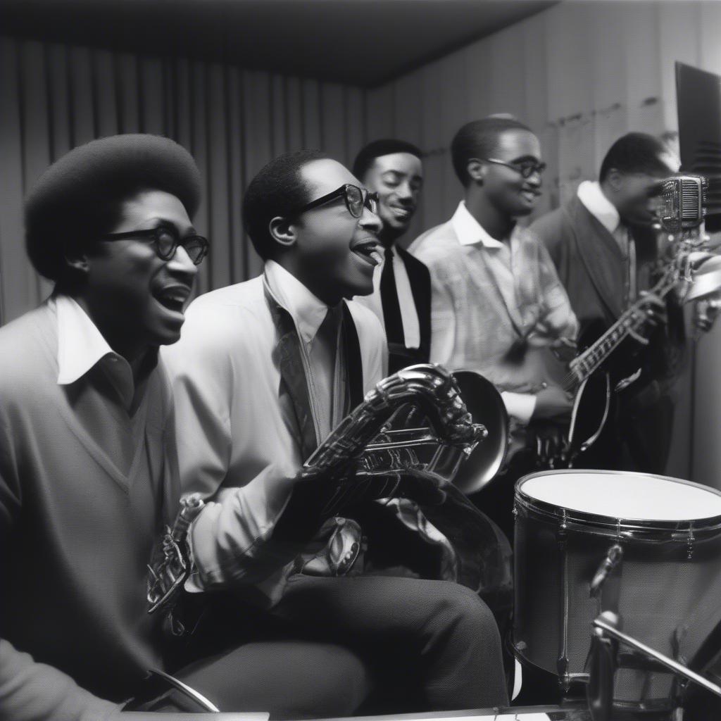 Motown studio musicians recording a track