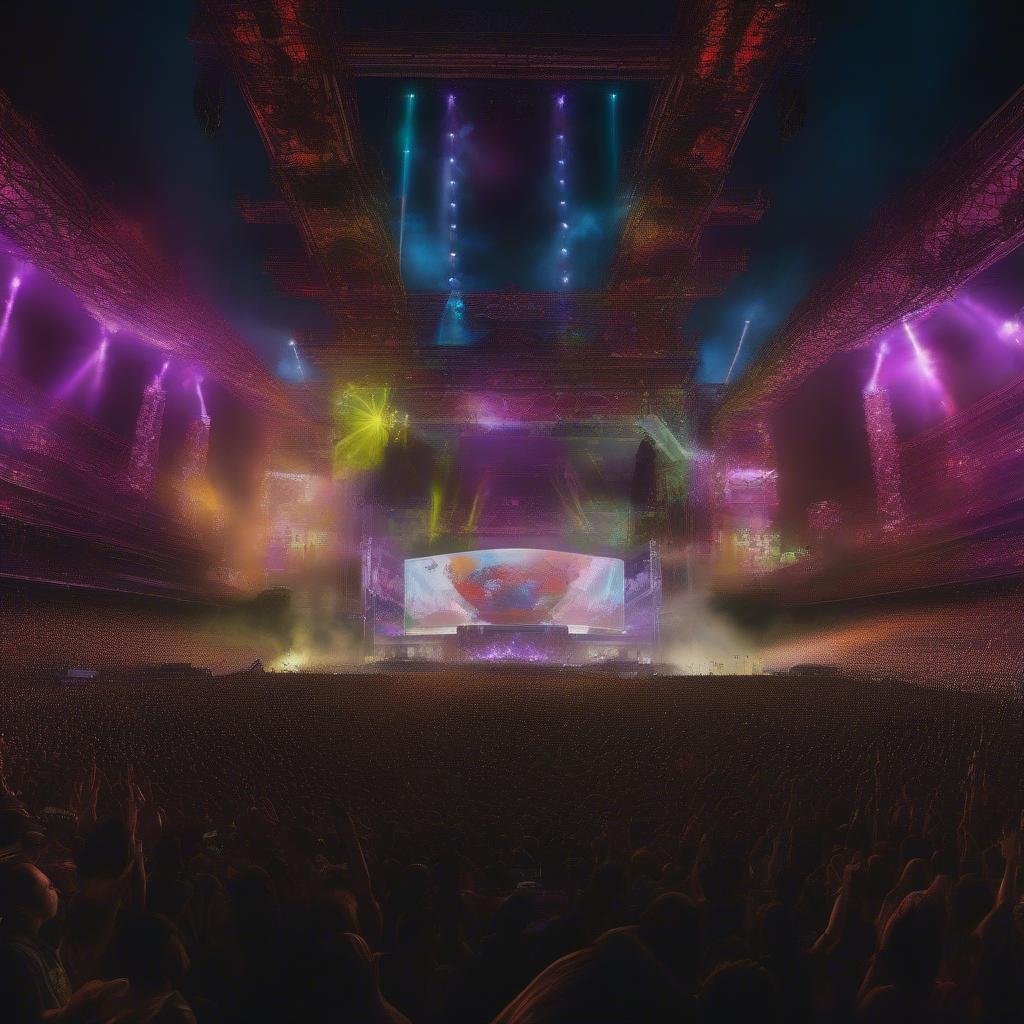 A large music festival stage with elaborate lighting and visuals