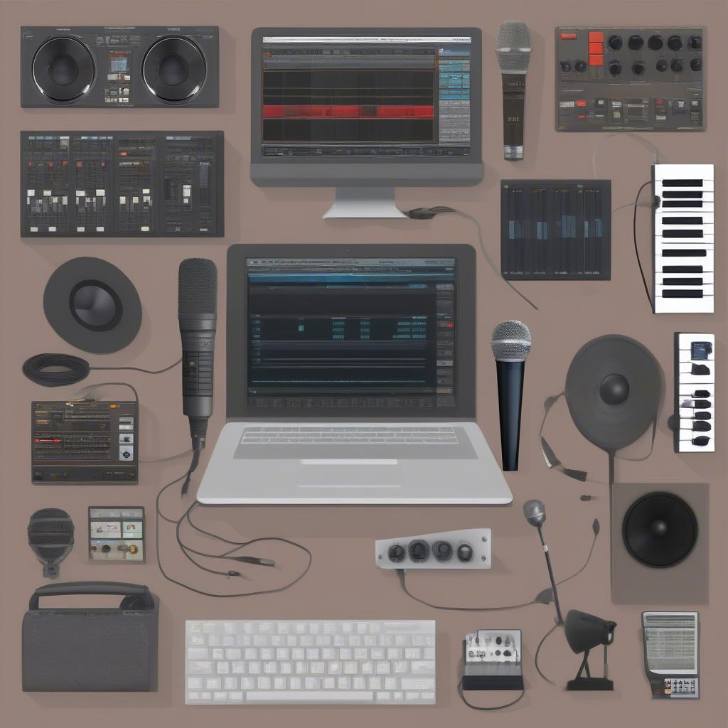 Key elements of music production, including mixing console, microphones, and digital audio workstation.