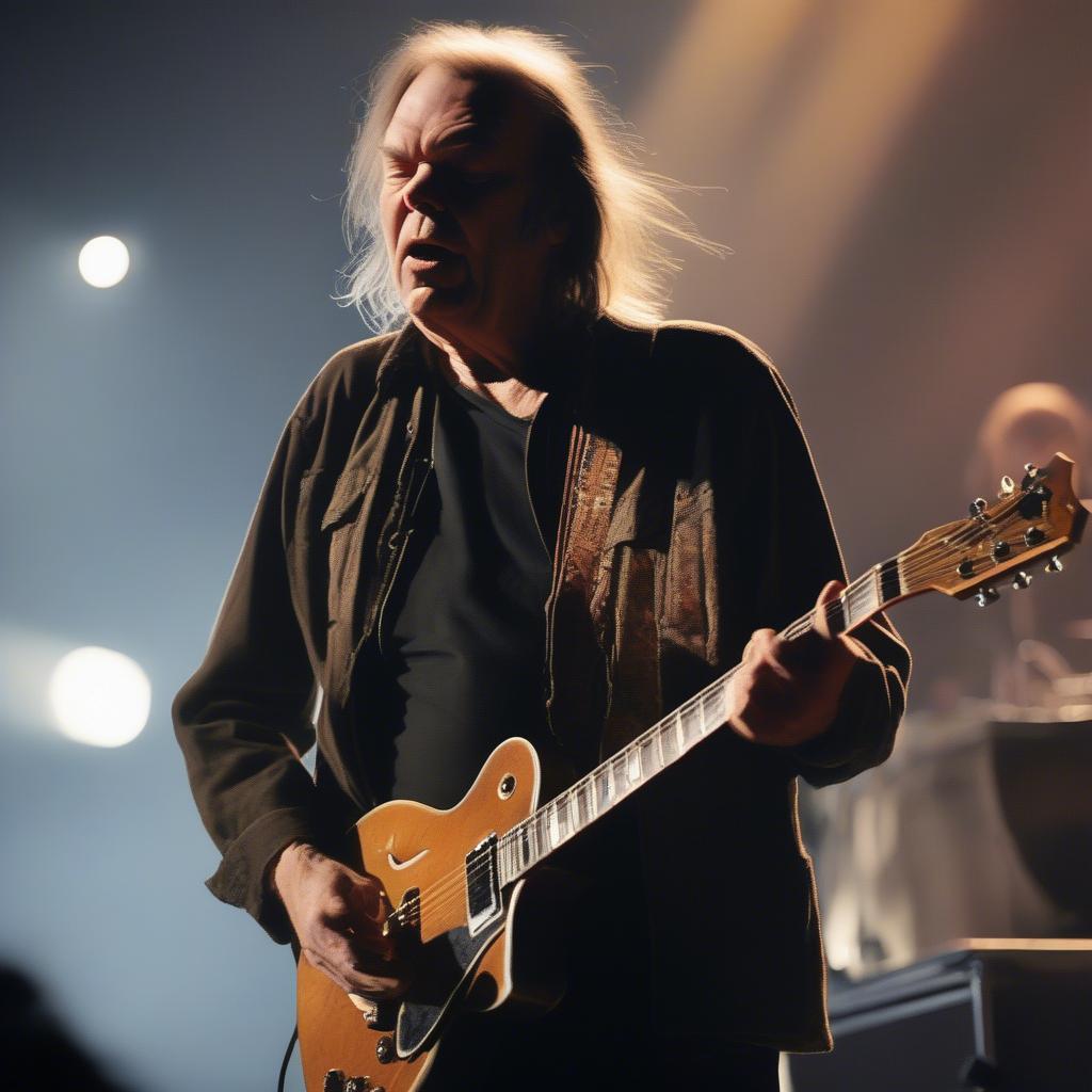 Neil Young performing with an electric guitar