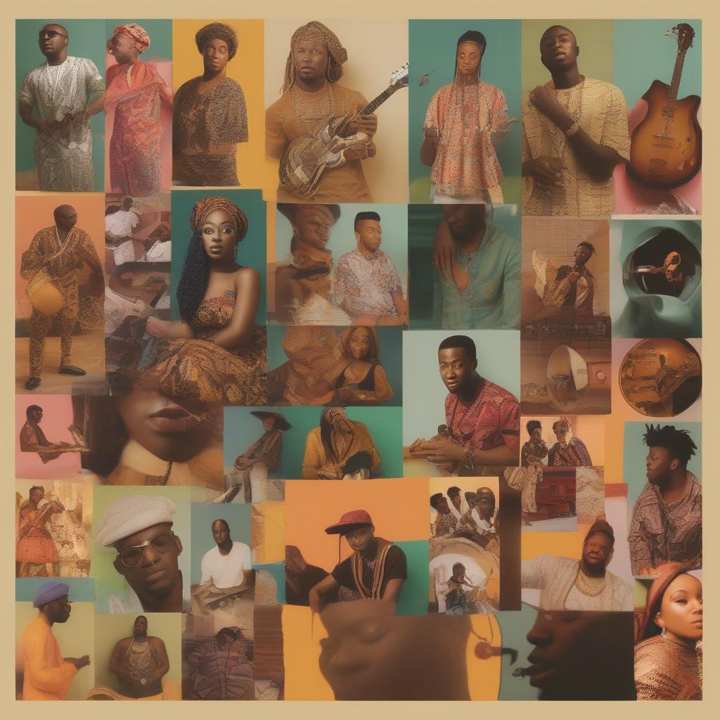 Diversity of Nigerian Music Genres:  A collage showcasing different Nigerian music genres, including Afrobeats, Highlife, Juju, and hip-hop, represented by images of musicians playing instruments and performing.