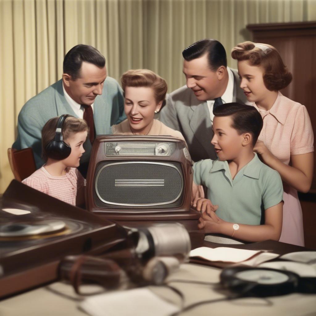 Families gathered around a radio in the 1950s