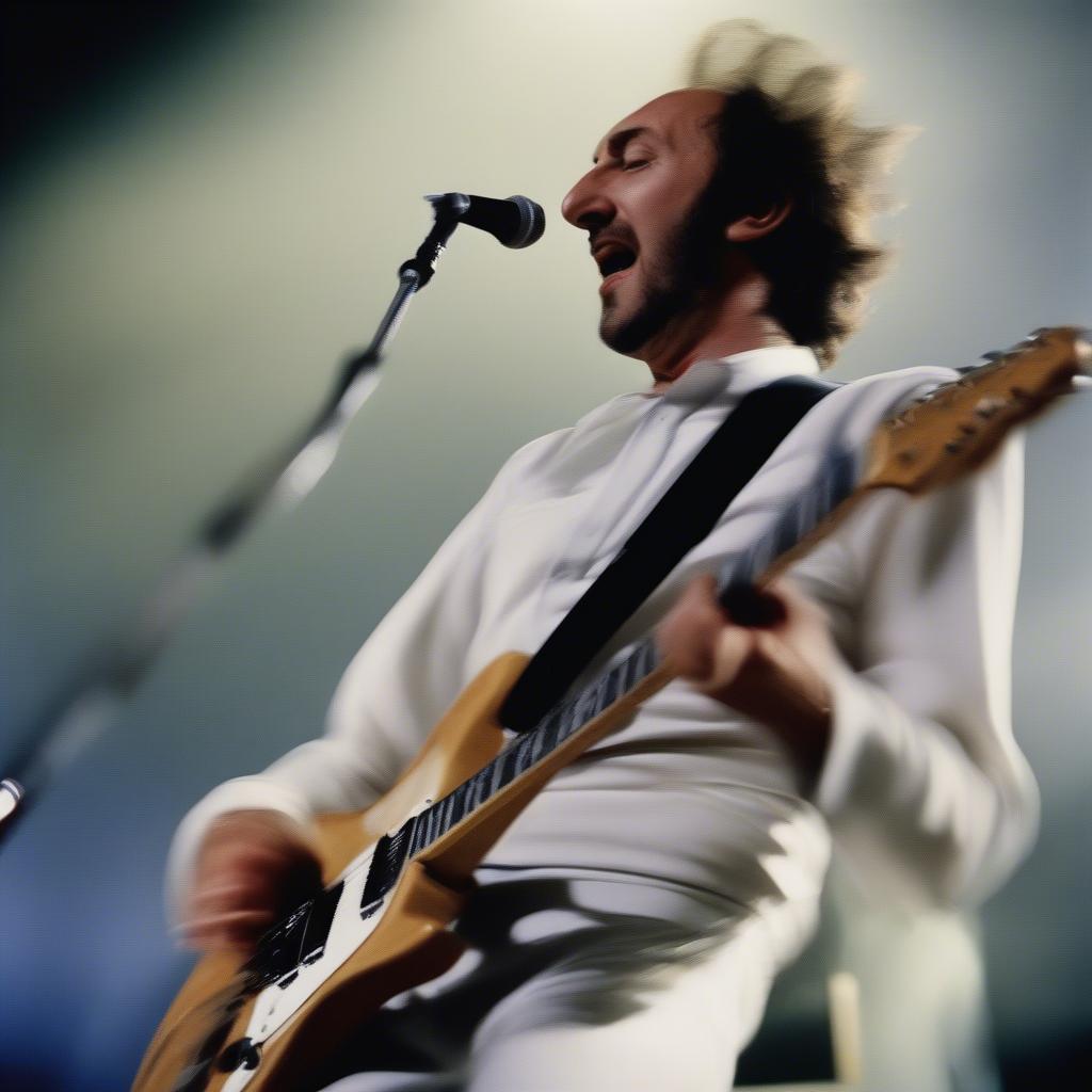 Pete Townshend performing his signature "windmill" guitar technique, a symbol of The Who's energetic stage presence.