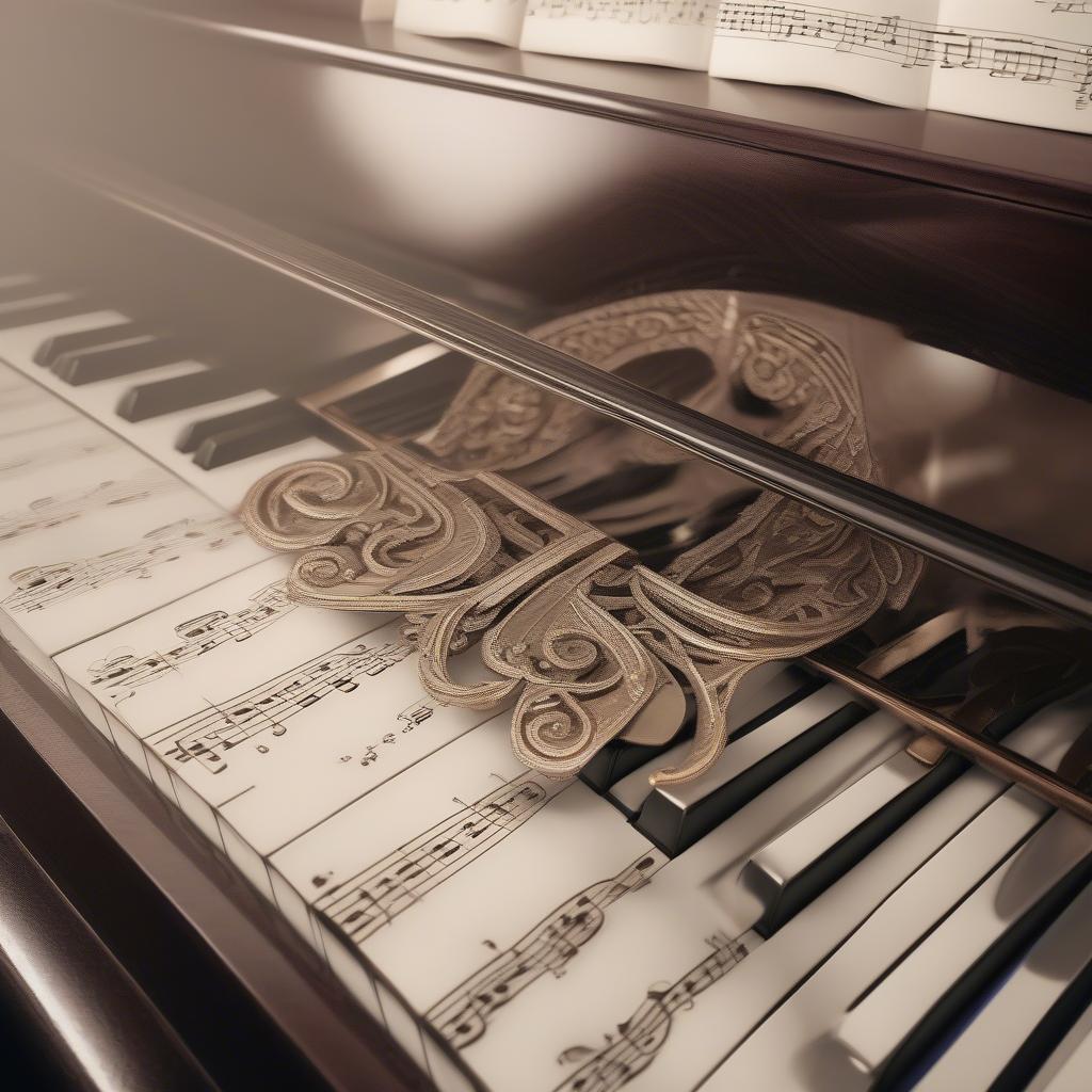 Close-up of piano keys with sheet music of a popular song from 2019.